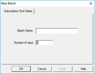The New Batch dialog box open to the Subscription End Dates tab. No options are defined.