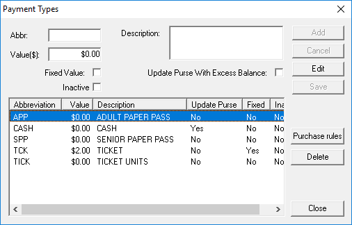 The Payment Types dialog box with five defined payment types: APP, CASH, SPP, TCK, and TICK.