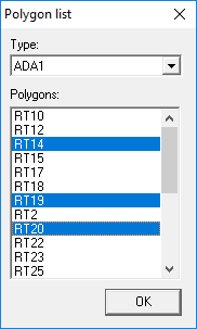 Polygon list dialog box with an ADA1 Type selected and the RT14, RT19, and RT20 polygons highlighted.