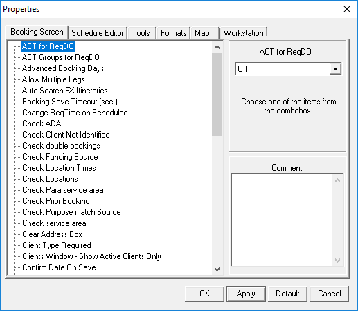 The user-defined Properties dialog box for Trip Booking open to the Booking Screen tab with ACT for ReqDO selected.