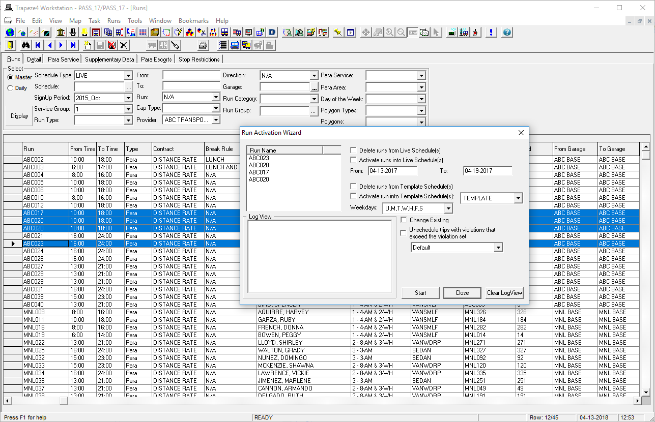 The Run Activation Wizard dialog box on top of Runs, which is visible in the Trapeze4 Workstation. Runs selected in the Trapeze4 Workstation are visible under Run Name in the Run Activation Wizard.