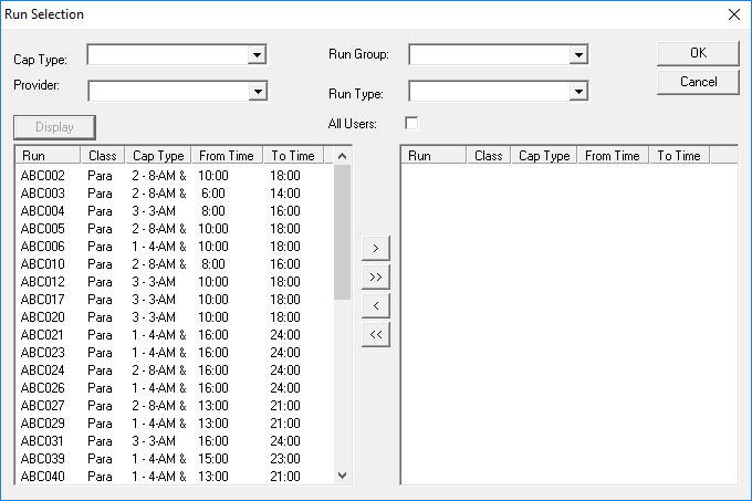 The Run Selection dialog box with all runs for the selected schedule visible in the left grid.