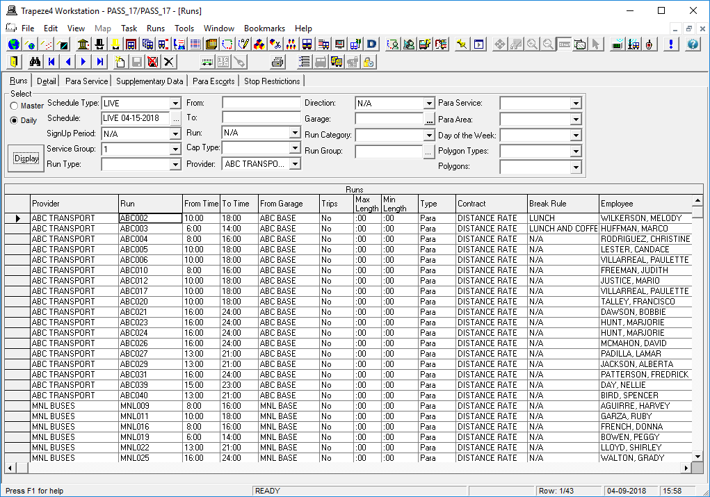 Runs showing Daily Runs filtered for Schedule, Service Group, and Provider.