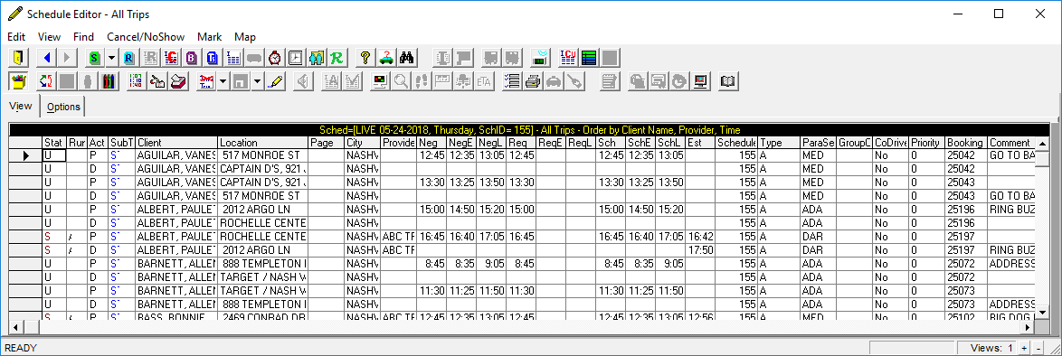 Schedule Editor's All Trips view.