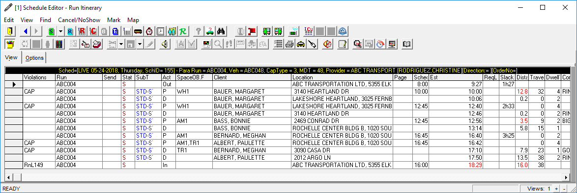 Schedule Editor's Run Itinerary view. It includes information such as Run, Client, and Location.