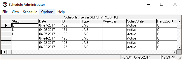 Schedule Administrator with the Options menu item highlighted and loaded and unloaded schedules visible in the grid.