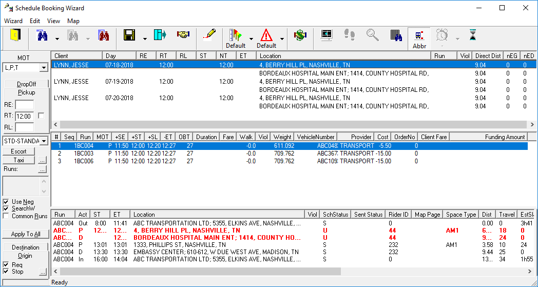Schedule Booking Wizard showing the same trip on three different days in the top pane.