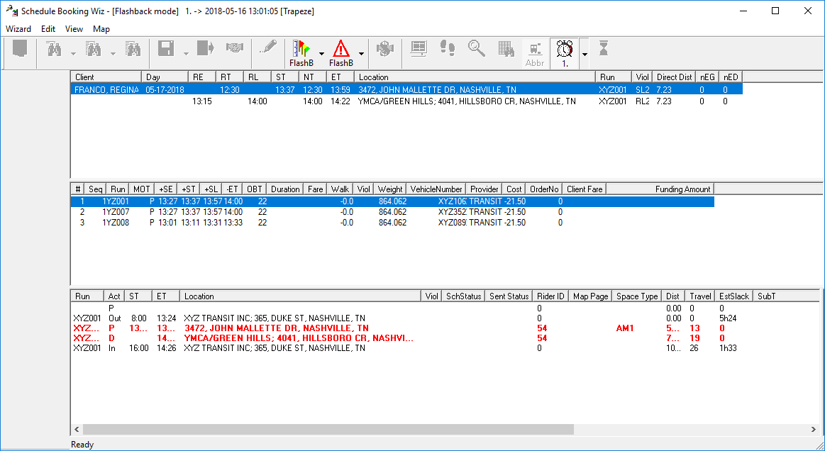 Schedule Booking Wizard shows solutions that were offered for scheduling the trip. The selected solution is highlighted in the middle pane.