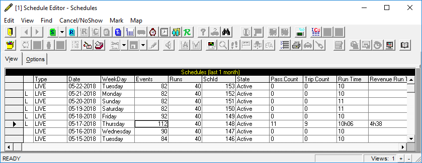 Schedule Editor open to Scheduled view with multiple LIVE schedules marked with an L (to indicate they are loaded).