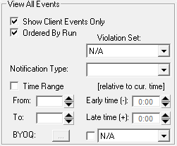 The View All Events frame with Show Client Events Only and Ordered By Run defined.