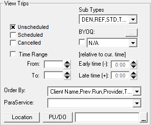 The View Trips frame with Unscheduled selected and SubTypes and Order By fields defined.