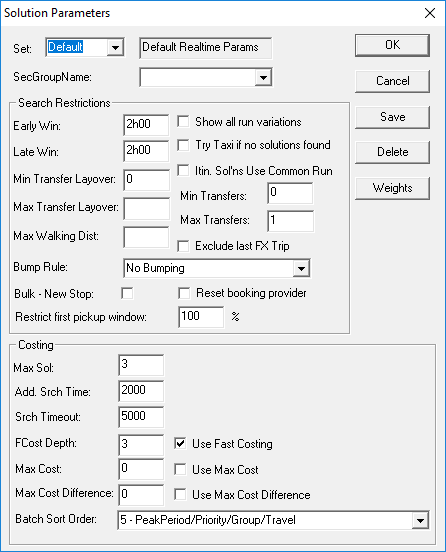 The Solution Parameters dialog box open to the Default parameter Set.