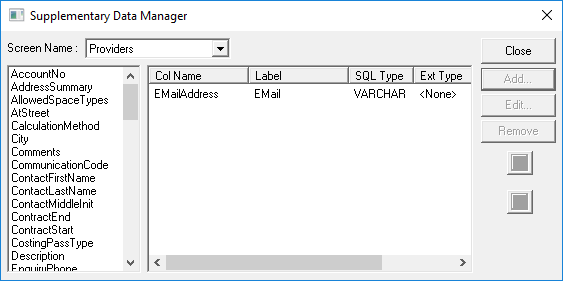The Supplementary Data Manager dialog box showing the Providers screen and the EMailAddress field.