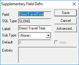 The Supplementary Field Defn. dialog box with information about the DirectTravelTime field showing.