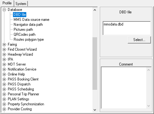 The system properties Profile tab with Database > DBD file selected. The DBD file is defined as mmsdata.dbd.