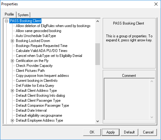 The Properties dialog box for system properties open to the Profile tab with Pass Booking Client highlighted.