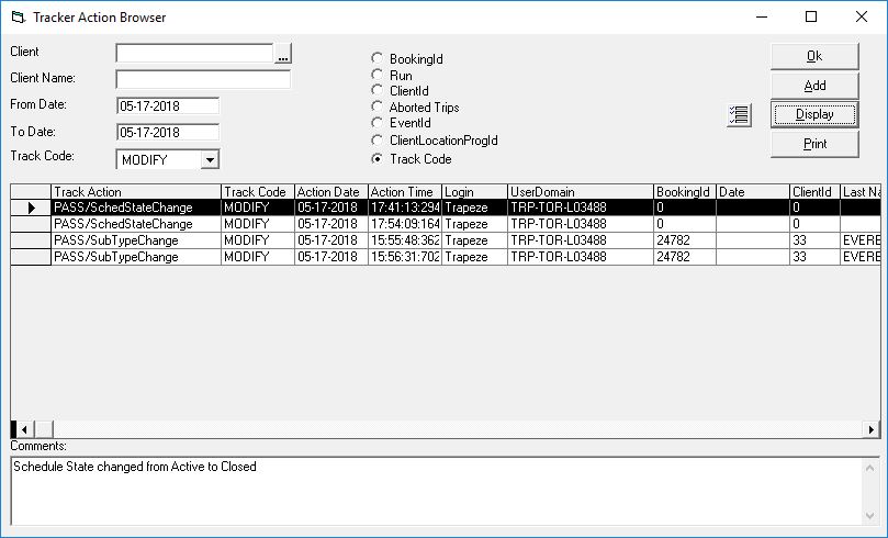 The Tracker Action Browser dialog box with PASS/SchedStateChange entries.