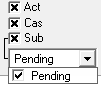 In Trip Administration filters, Act, Cas, and Sub are selected and from the Sub list, Pending is selected.