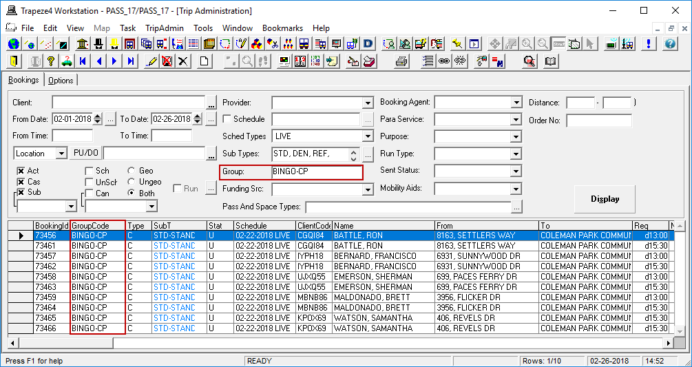 Trip Administration with the Group filter circled in red and the GroupCode column circled in red.