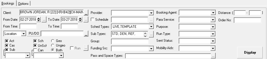 Trip Administration open to the Bookings tab with Client, From Date, To Date, Sched Types, and Sub Types defined.