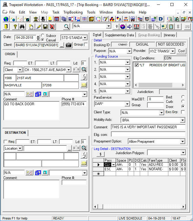A Casual trip is shown in Trip Booking for client Sylvia Baird.