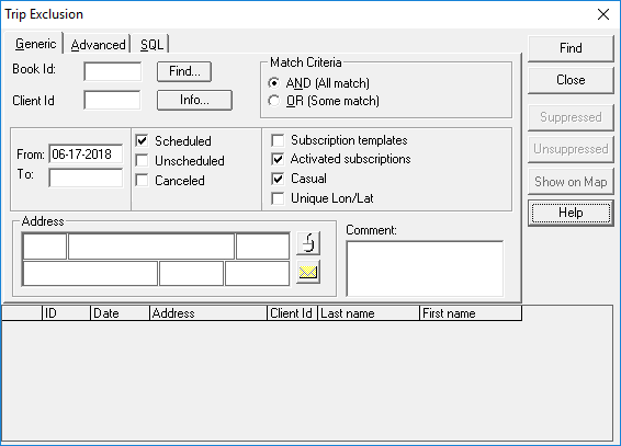 The Trip Exclusion dialog box. No options are defined.