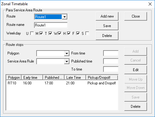 The Zonal Timetable dialog box. One record is visible.