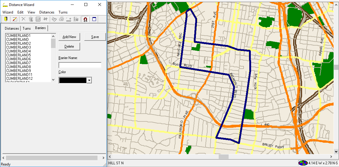 Distance Wizard open to the Barriers tab, with a barrier visible on the system map.