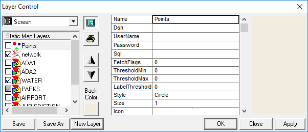 The Layer Control dialog box with the Points Static Map Layer selected.
