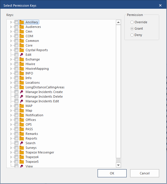 Select Permission Keys dialog box with no permissions selected.