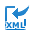 Blue rectangle, left-facing arrow, and the letters XML.