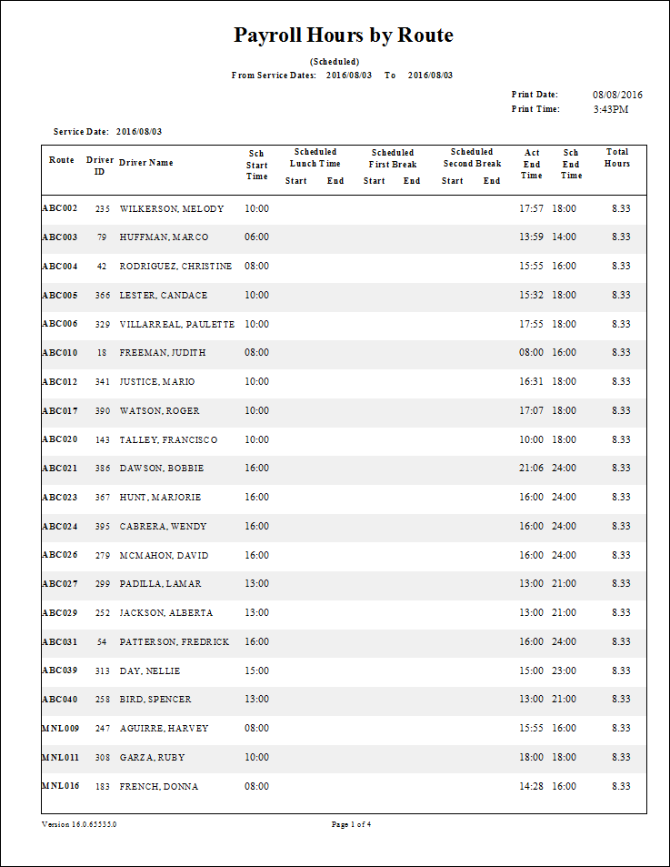 The Payroll Hours By Route - Scheduled report. (Example 1)