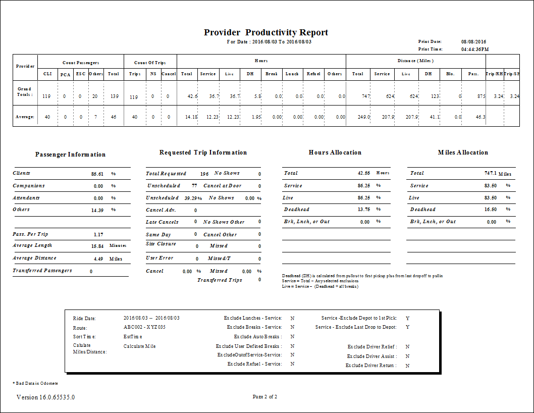 The Provider Productivity report (final page).