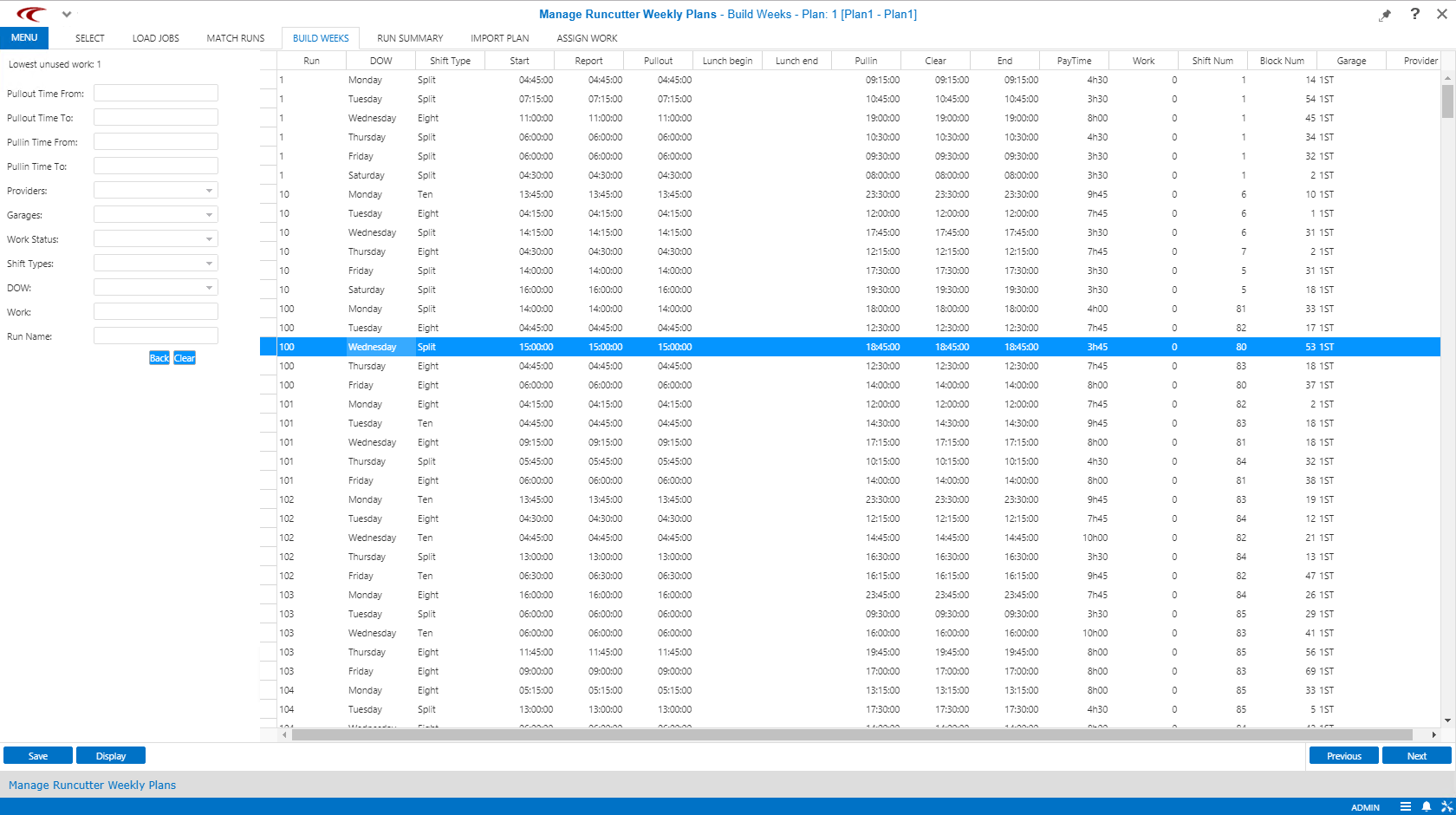 Manage Runcutter Weekly Plans open to the Build Weeks step.