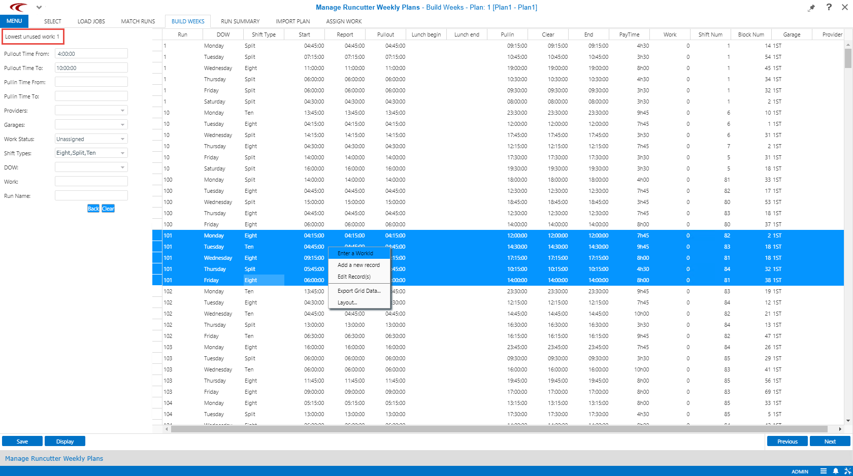 Manage Runcutter Weekly Report open to the Build Weeks step with the Lowest unused work circled in red.