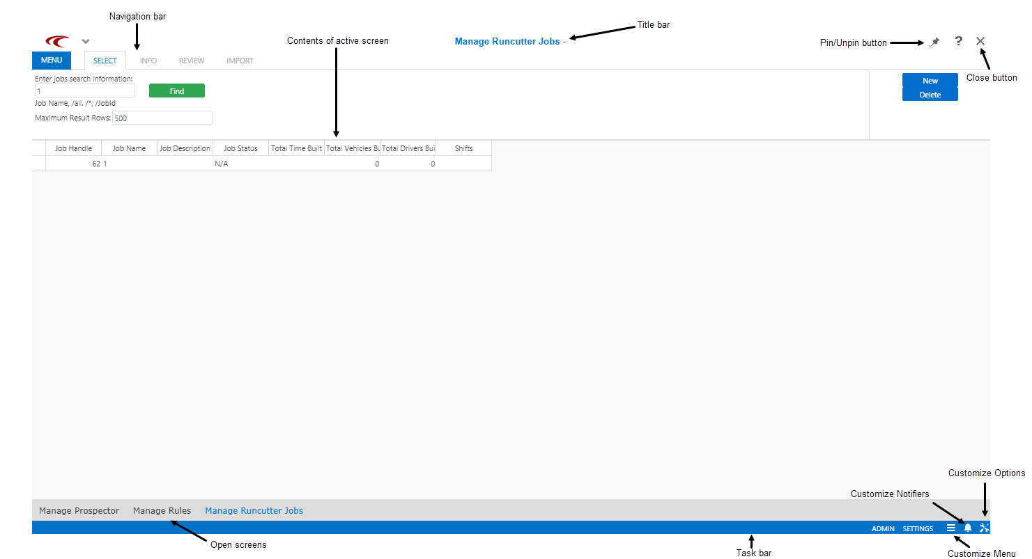 Common screen elements marked by arrows: Title bar, Contents of active screen, Pin/Unpin button, Close button, Customize - Notifiers, Customize - Options, Customize - Menu, Open screens, Task bar, and Navigation bar.