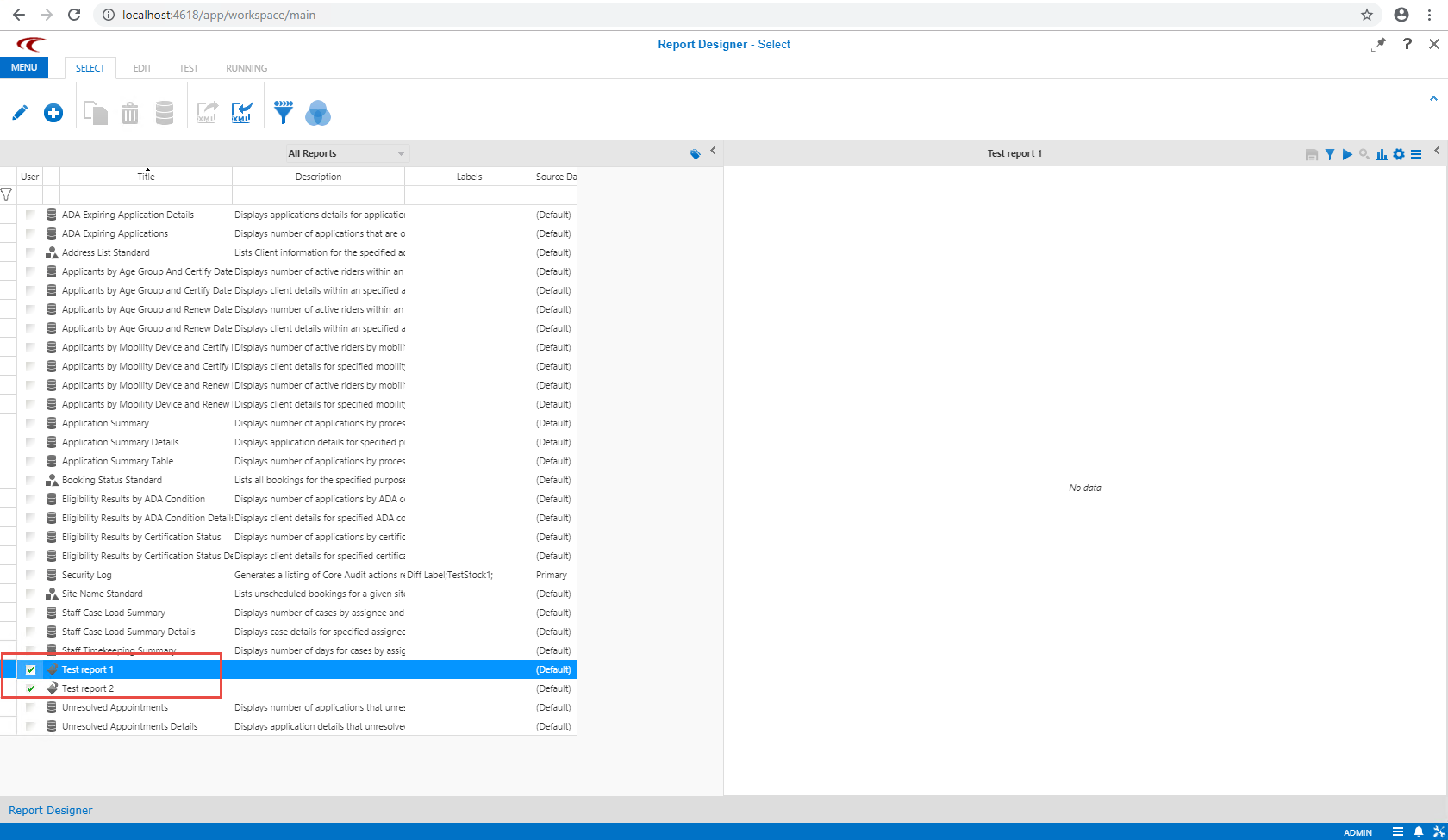 Sample reports listed on the Report Designer - Start step.