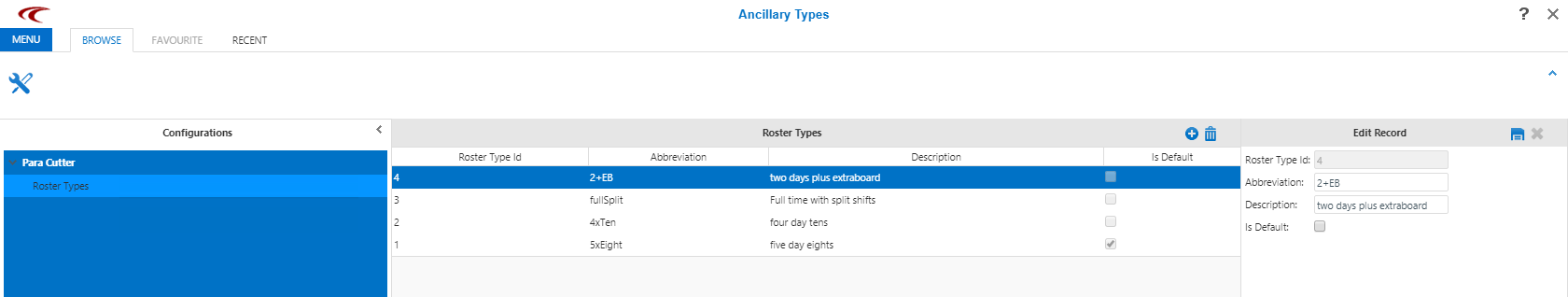 Configuration showing the Roster Types list and Edit Record fields.