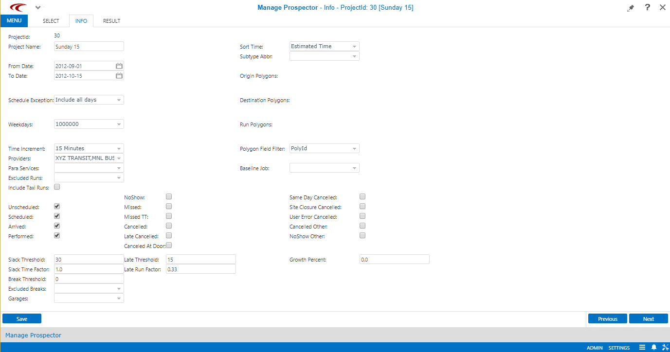 Manage Prospector open to the Info step.