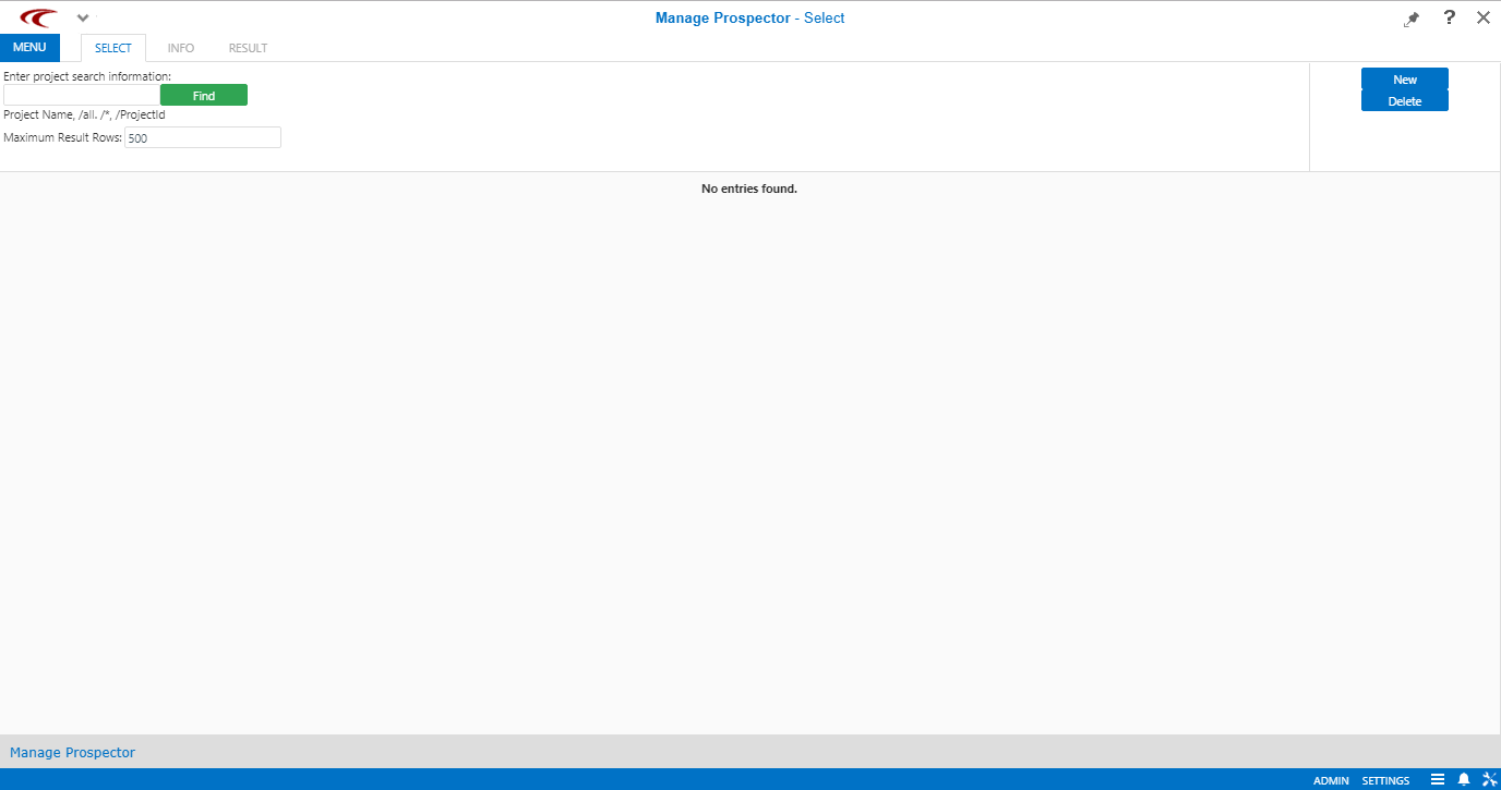 Manage Prospector open to the Select step.