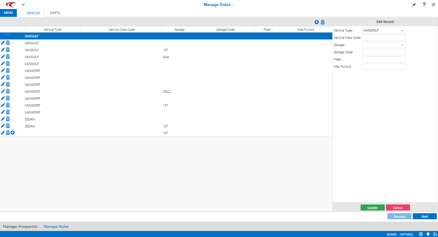 Manage Rules open to the Vehicles step with multiple vehicle records available.