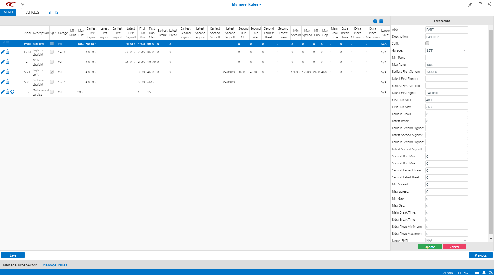 Manage Rules open to the Shifts step.