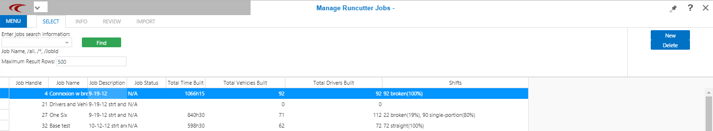 Manage Runcutter Jobs open to the Search step with a job called Connexion w breaks that has a grey bar at the top indicating a runcut in progress