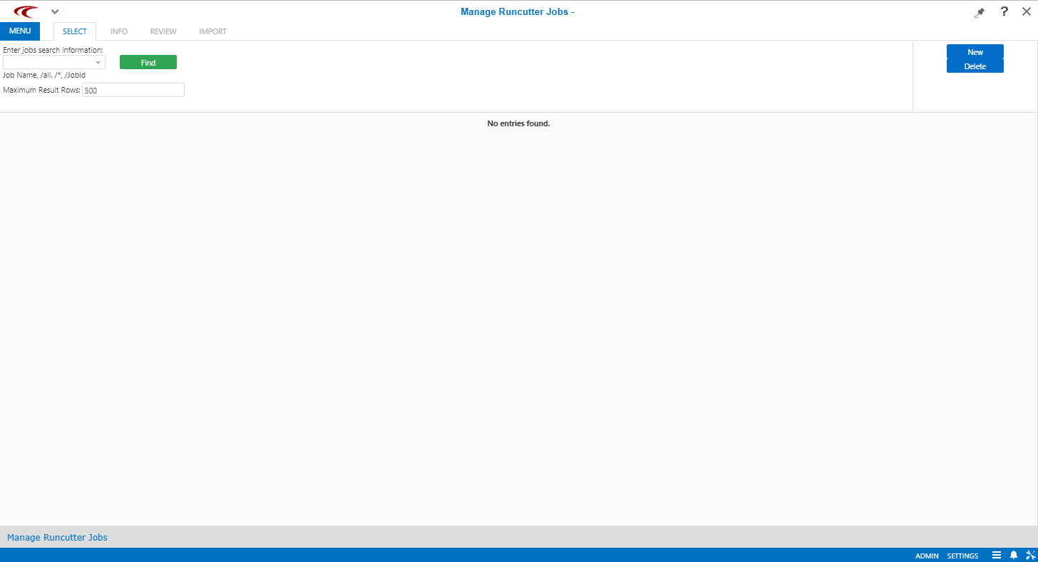 Manage Runcutter Jobs open to the Search step.