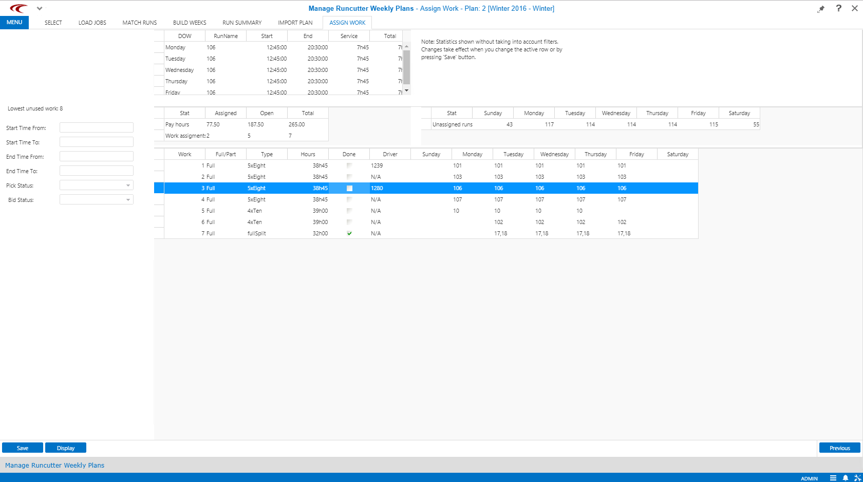 Manage Runcutter Weekly Plans open to the Assign Work step.
