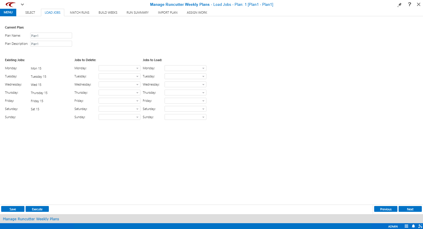 Manage Runcutter Weekly Plans open to the Load Jobs step.