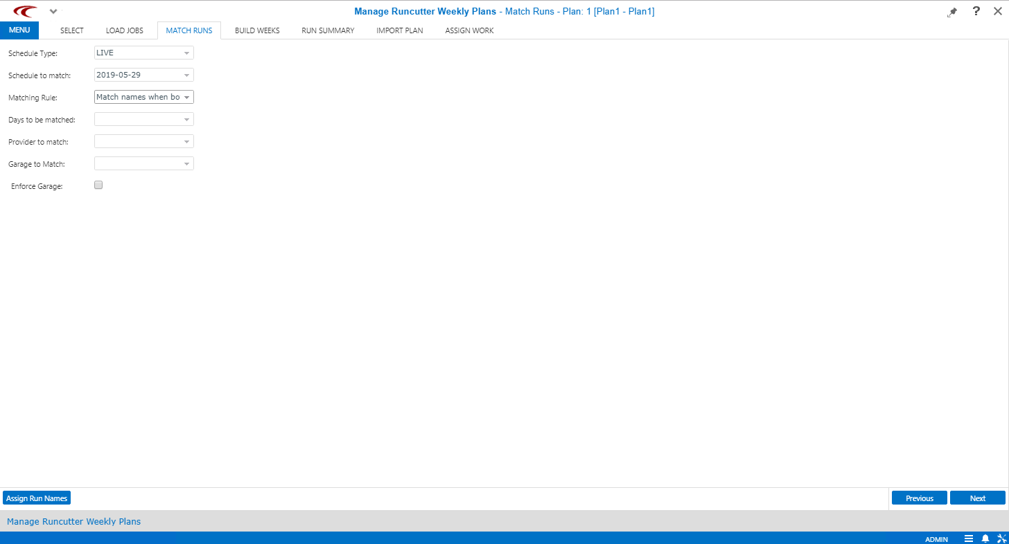 Manage Runcutter Weekly Plans open to the Match Runs step.