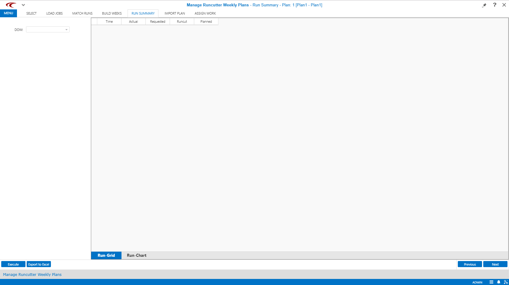Manage Runcutter Weekly Plans open to the Run Summary step.