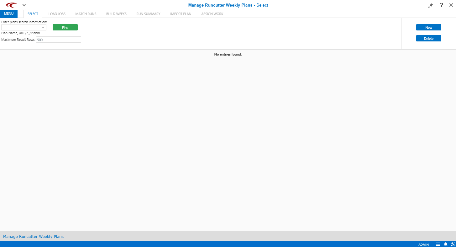 Manage Runcutter Weekly Plans open to the Select step.