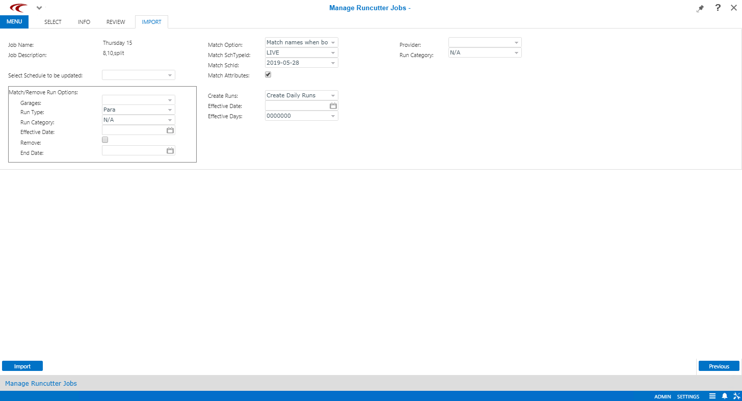 Manage Runcutter Jobs open to the Import step.